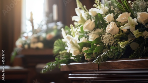 Fotografie, Tablou Funeral casket with white flowers in a church