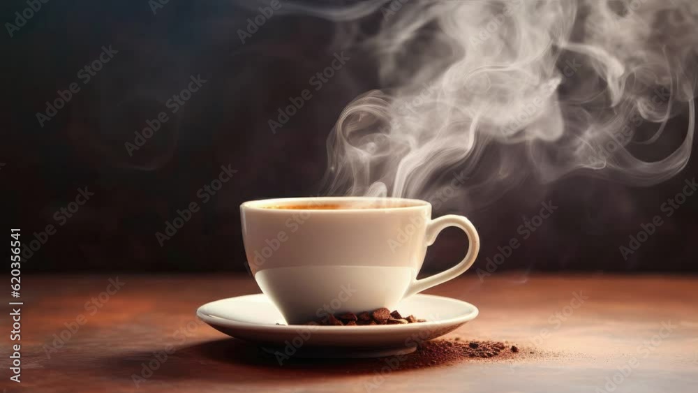 4K video coffee in the cup and steam smoke floated above the coffee cup. Relaxation, leisure, morning hot coffee concept. Side view.