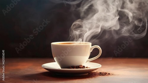 4K video coffee in the cup and steam smoke floated above the coffee cup. Relaxation, leisure, morning hot coffee concept. Side view.