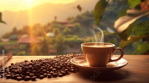 Hot cup of coffee with organic coffee beans on wood table top, coffee plantations background banner. Space for text.