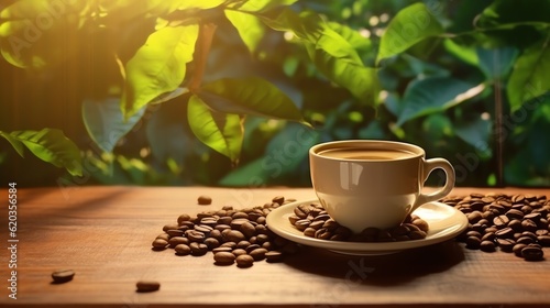 Hot cup of coffee with organic coffee beans on wood table top, coffee plantations background banner. Space for text.