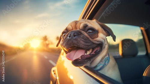 Happy dog riding in a car with head out of the window