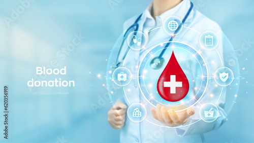 Blood Donation concept. World blood donor day awareness. Doctor holding in hand drop of blood with medical cross icon and medicine icons network connection on virtual screen. Vector illustration.