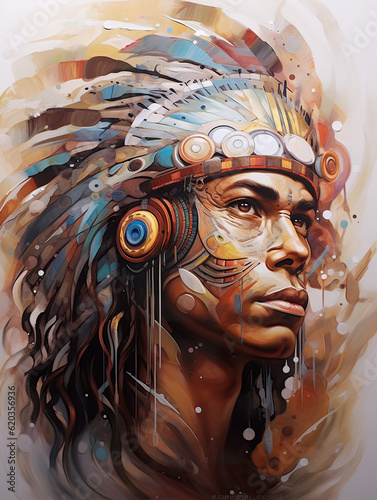 A painting of a native american man with a feather headdress. Generative AI. Native spirit, tribal character.