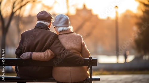 Old couple sitting on a bench and hugging. Elderly senior man and woman. Space for text.
