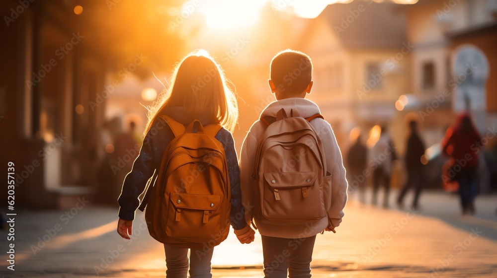 Two young kids with backpacks holding hands, boy and girl walking back to school