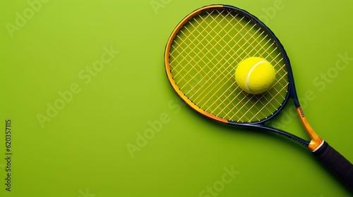 A tennis racket and tennis ball on a green background, banner with space for text © GnrlyXYZ