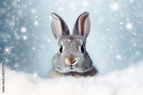 A rabbit sitting in the snow looking at the camera. Generative AI.