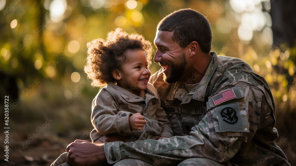 Embracing Love: A U.S. Soldier's Tender Hug with his Child - obrazy, fototapety, plakaty 