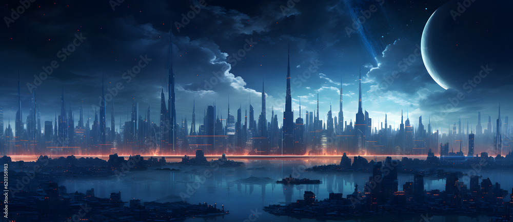 a futuristic city with lights and water Generated by AI