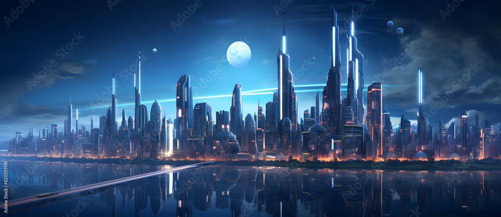 a futuristic city at night illuminated with bright lights Generated by AI