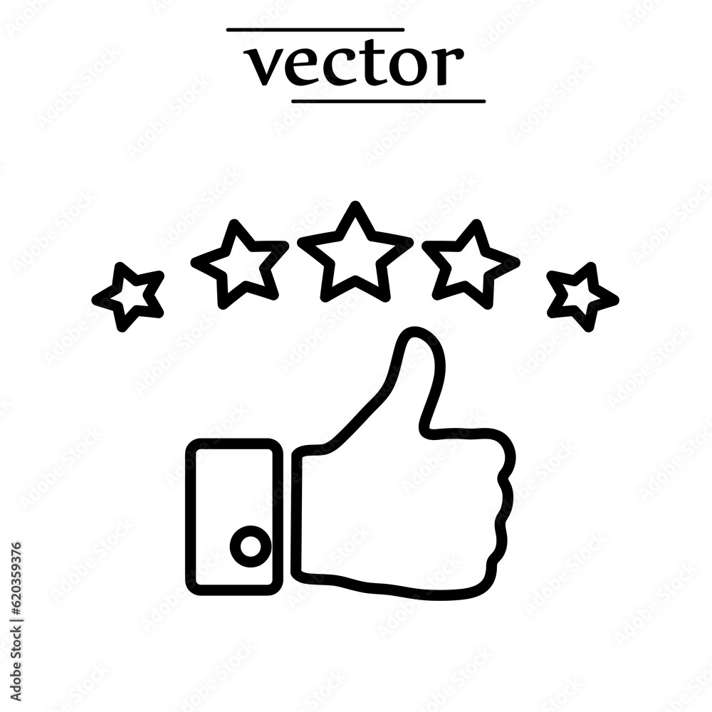 Five stars and hand, customer review, quality rating icon flat illustration on white background..eps Five stars and hand, customer review, quality rating icon flat illustration on white background..eps
