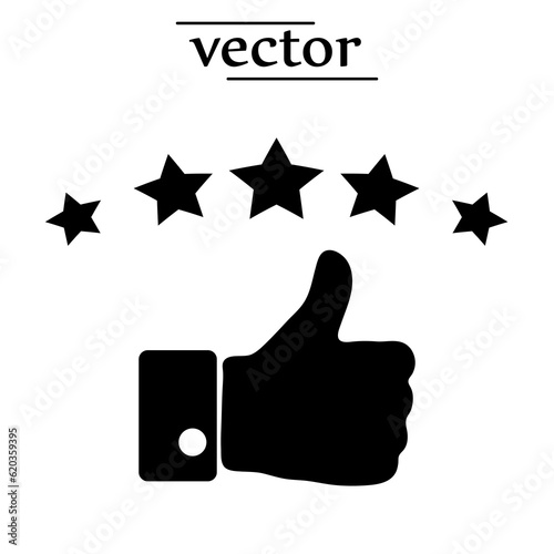 Five stars and hand, customer review, quality rating icon flat illustration on white background..eps