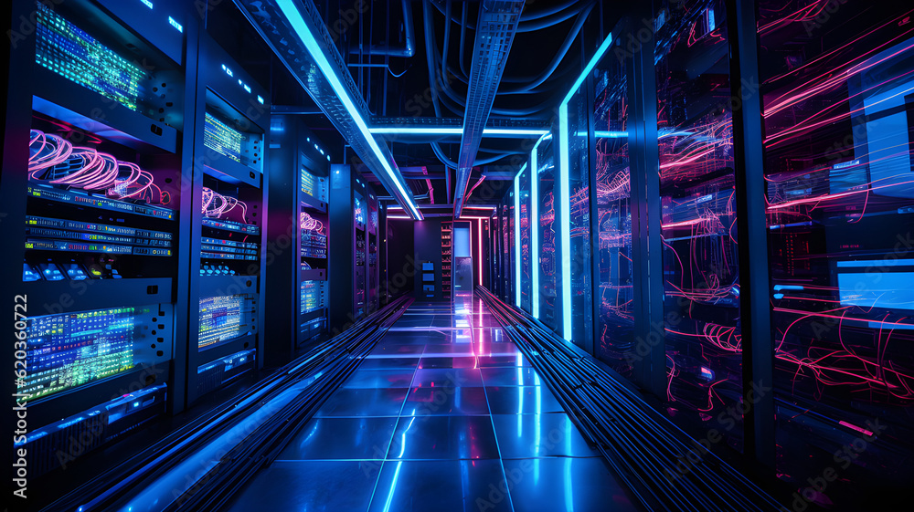 Data center with server racks, 3D concept illustration of information technology, cyber network,visualization of the future of technology storage cloud, neon data center, cloud system, colorful neon, 