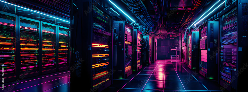 Fototapeta premium Data center with server racks, 3D concept illustration of information technology, cyber network,visualization of the future of technology storage cloud, neon data center, cloud system, colorful neon, 