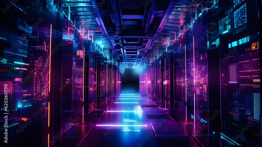 Data center with server racks, 3D concept illustration of information technology, cyber network,visualization of the future of technology storage cloud, neon data center, cloud system, colorful neon, 