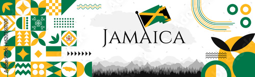 Jamaica Independence Day abstract banner design with flag and map. Flag color theme geometric pattern retro modern Illustration design. Green and Yellow flag color template.