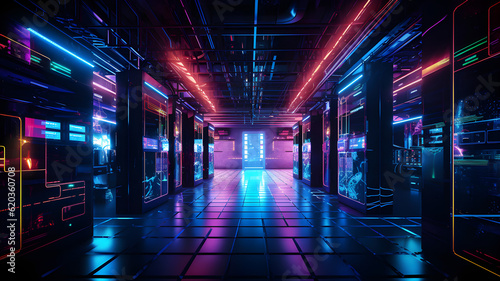 Data center with server racks, 3D concept illustration of information technology, cyber network,visualization of the future of technology storage cloud, neon data center, cloud system, colorful neon, 