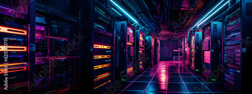 Data center with server racks, 3D concept illustration of information technology, cyber network,visualization of the future of technology storage cloud, neon data center, cloud system, colorful neon, 