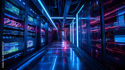 Data center with server racks  3D concept illustration of information technology  cyber network visualization of the future of technology storage cloud  neon data center  cloud system  colorful neon  