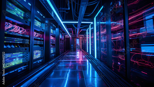 Data center with server racks, 3D concept illustration of information technology, cyber network,visualization of the future of technology storage cloud, neon data center, cloud system, colorful neon, 