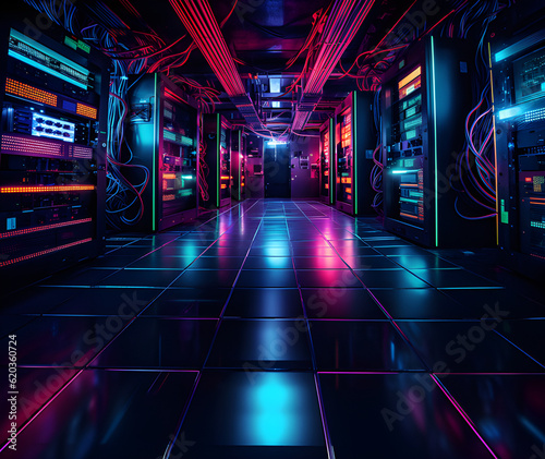 Data center with server racks, 3D concept illustration of information technology, cyber network,visualization of the future of technology storage cloud, neon data center, cloud system, colorful neon, 