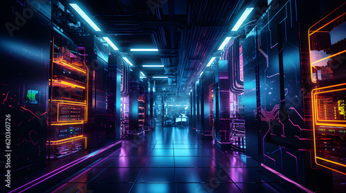Data center with server racks, 3D concept illustration of information technology, cyber network,visualization of the future of technology storage cloud, neon data center, cloud system, colorful neon, 