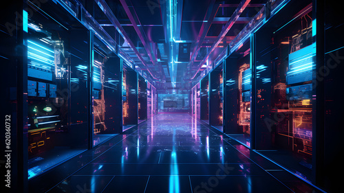 Data center with server racks, 3D concept illustration of information technology, cyber network,visualization of the future of technology storage cloud, neon data center, cloud system, colorful neon, 