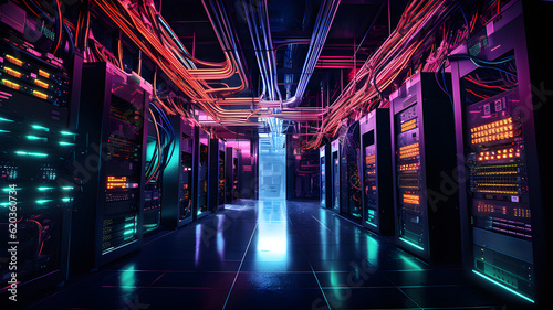 Data center with server racks, 3D concept illustration of information technology, cyber network,visualization of the future of technology storage cloud, neon data center, cloud system, colorful neon, 