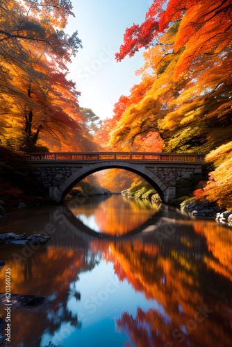 soft pale toned down rusty red bridge in the fall with colorful autumn foliage in pastel color