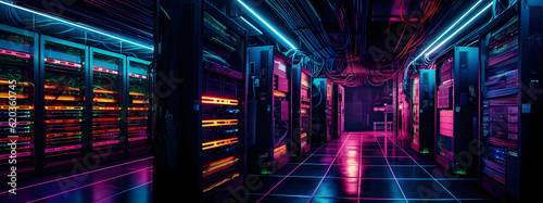 Data center with server racks, 3D concept illustration of information technology, cyber network,visualization of the future of technology storage cloud, neon data center, cloud system, colorful neon, 