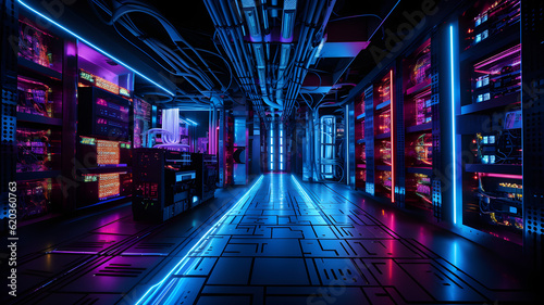 Data center with server racks, 3D concept illustration of information technology, cyber network,visualization of the future of technology storage cloud, neon data center, cloud system, colorful neon, 