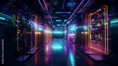 Data center with server racks, 3D concept illustration of information technology, cyber network,visualization of the future of technology storage cloud, neon data center, cloud system, colorful neon, 