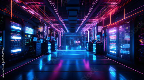 Data center with server racks, 3D concept illustration of information technology, cyber network,visualization of the future of technology storage cloud, neon data center, cloud system, colorful neon,  © Dominik