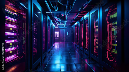 Data center with server racks, 3D concept illustration of information technology, cyber network,visualization of the future of technology storage cloud, neon data center, cloud system, colorful neon, 