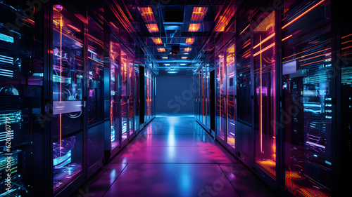 Data center with server racks, 3D concept illustration of information technology, cyber network,visualization of the future of technology storage cloud, neon data center, cloud system, colorful neon, 
