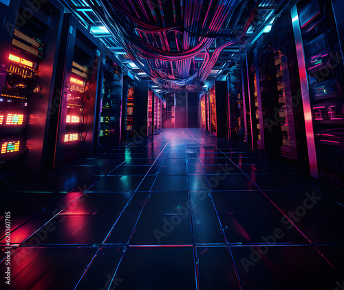 Data center with server racks, 3D concept illustration of information technology, cyber network,visualization of the future of technology storage cloud, neon data center, cloud system, colorful neon, 