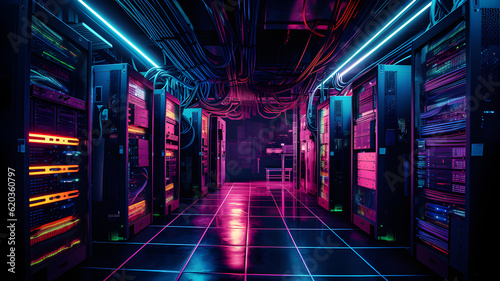 Data center with server racks, 3D concept illustration of information technology, cyber network,visualization of the future of technology storage cloud, neon data center, cloud system, colorful neon, 