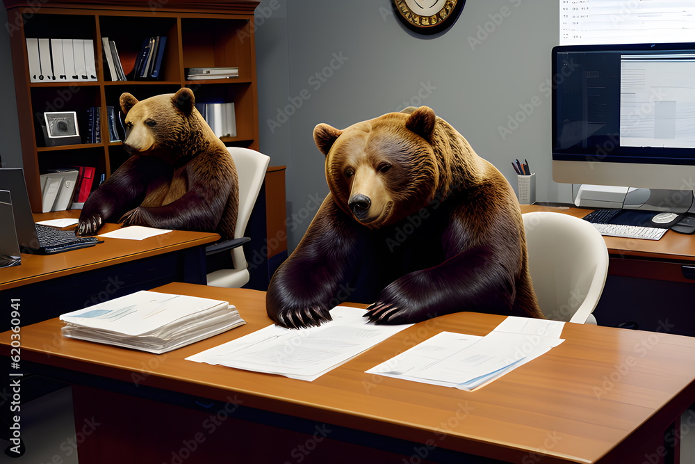 the bear is sitting at their desk engrossed in their work - obrazy, fototapety, plakaty 