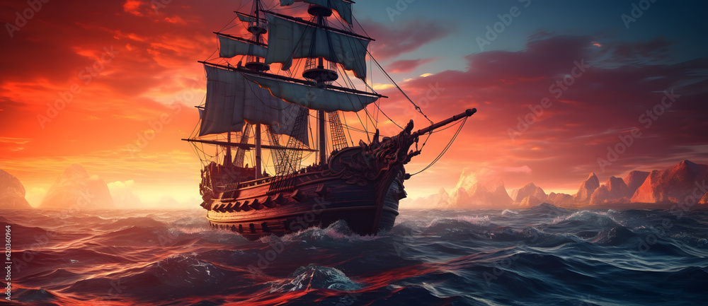 an old ship sailing in the ocean during a sunset Generated by AI
