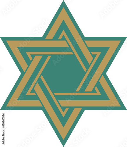 Vector gold and green jewish national ornament. Star of David. Semitic folk pattern. Israeli ethnic sign..