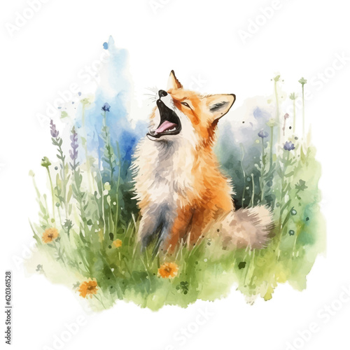 Roaring fox cartoon in watercolor painting style