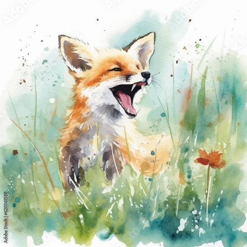 Roaring fox cartoon in watercolor painting style