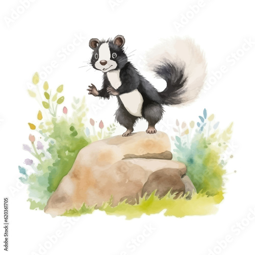 Cute skunk cartoon on the rock with watercolor painting style