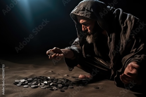 Judas 30 pieces of silver, sack thirty coins biblical symbol betrayal, religion, Bible A crown of thorns with thorns, a noose gallows ,creative reproduction of history Jesus Christ God