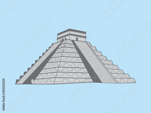 Vector Chichen Itza with details of the wall panels and stairs. Mayan pyramid in Mexico.