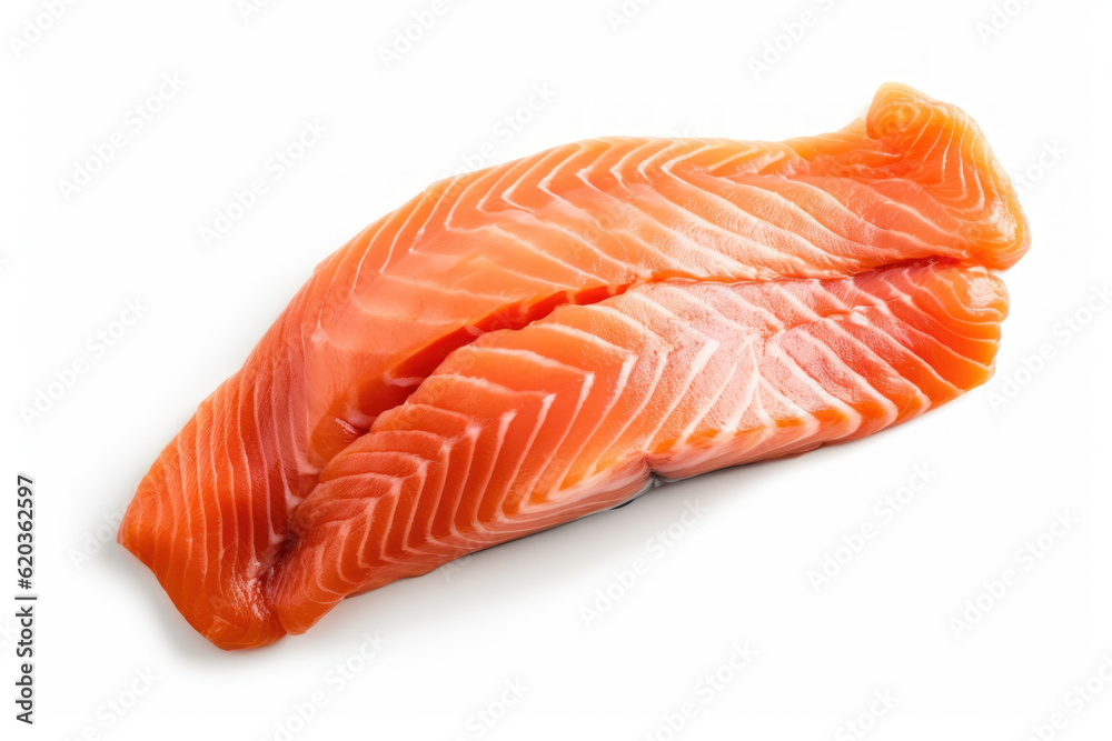 Fresh piece of salmon meat against a clean white background, highlighting its vibrant color and tender texture. Generative AI. Fresh piece of salmon meat against a clean white background, highlighting its vibrant color and tender texture. Generative AI.