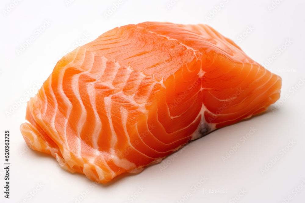 Fresh piece of salmon meat against a clean white background, highlighting its vibrant color and tender texture. Generative AI. Fresh piece of salmon meat against a clean white background, highlighting its vibrant color and tender texture. Generative AI.
