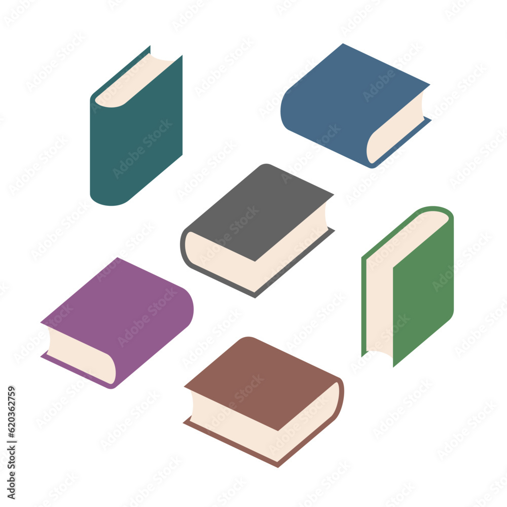 A set of hardcover books in different positions. Isometric view A set of hardcover books in different positions. Isometric view