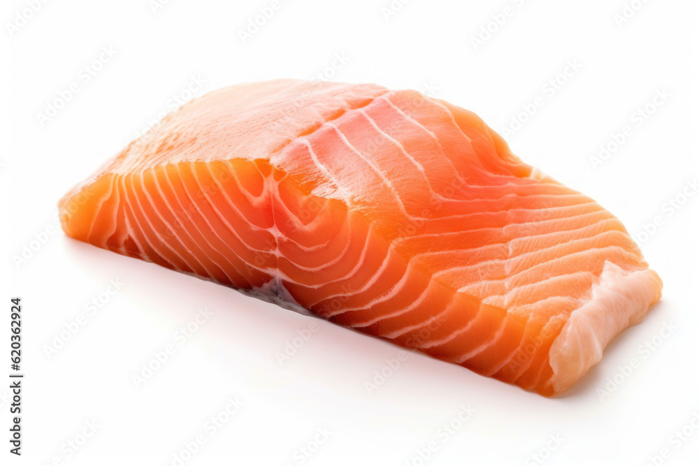 Fresh piece of salmon meat against a clean white background, highlighting its vibrant color and tender texture. Generative AI.